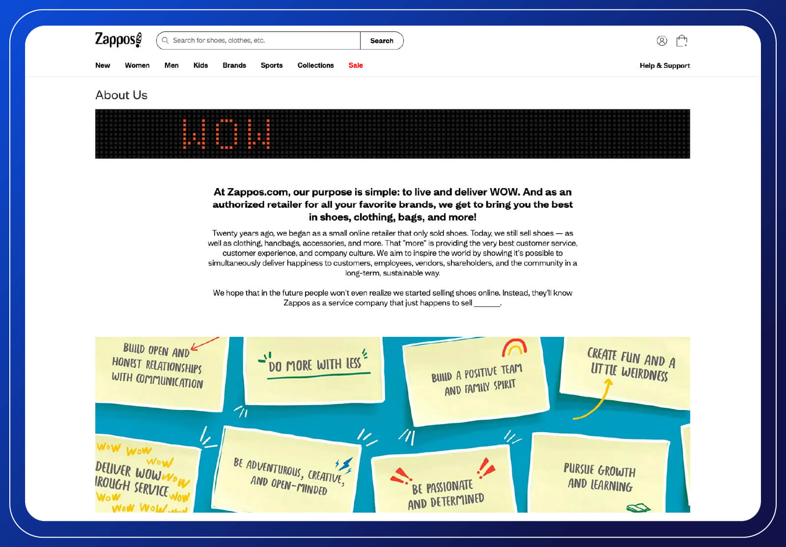 Zappo&rsquo;s about us webpage with company story, mission statement, and fun illustration with company values written on post-it notes.